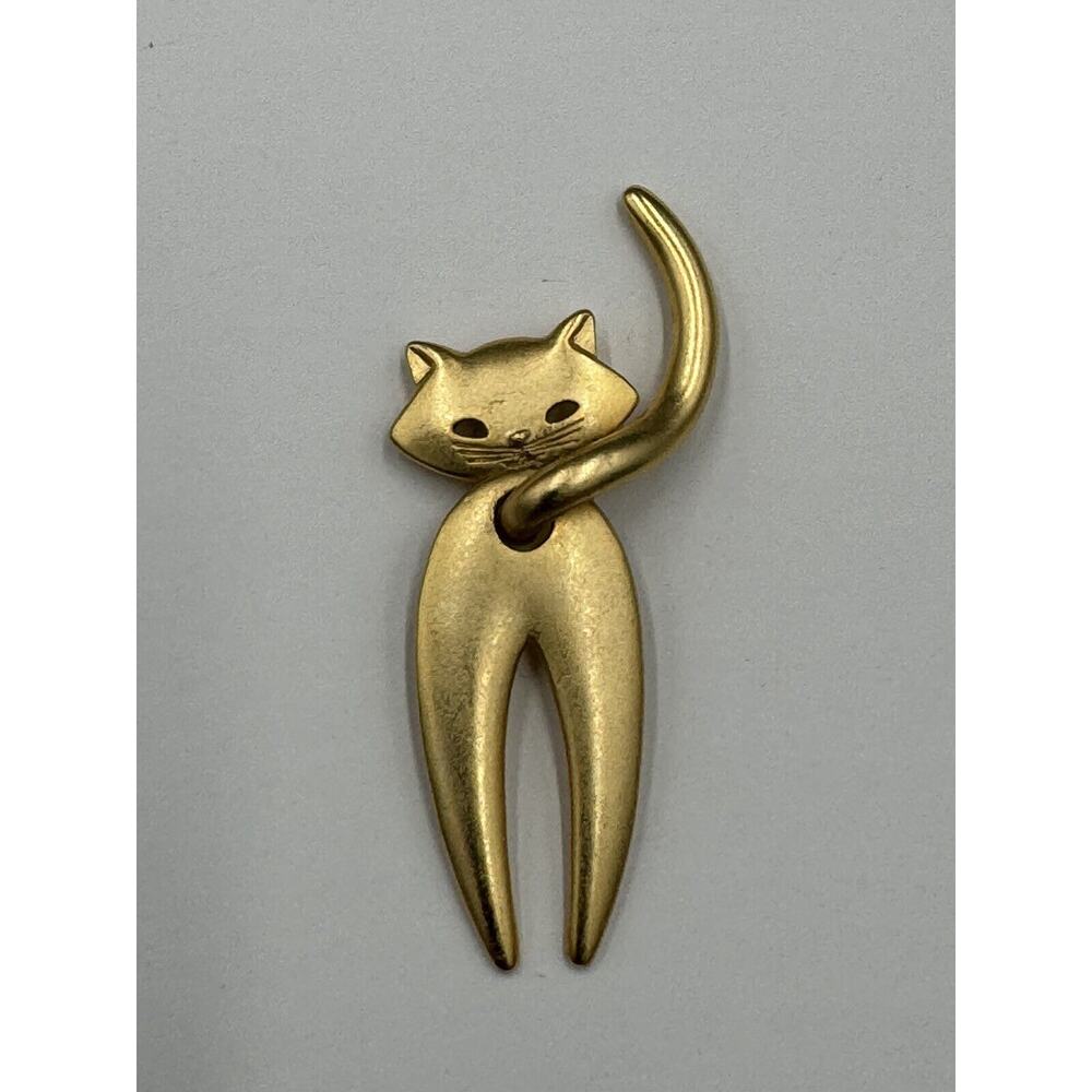 JJ Vintage Cat‎ Pin Brooch Brushed Gold Colored Tail Dangle Chunky Signed